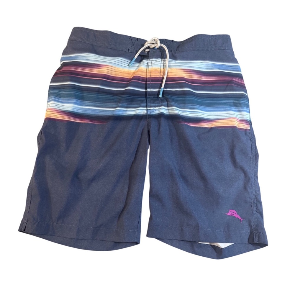 Tommy Bahama Mens Navy Blue Sunset Stripe Swim Trunks Board Shorts Size Medium